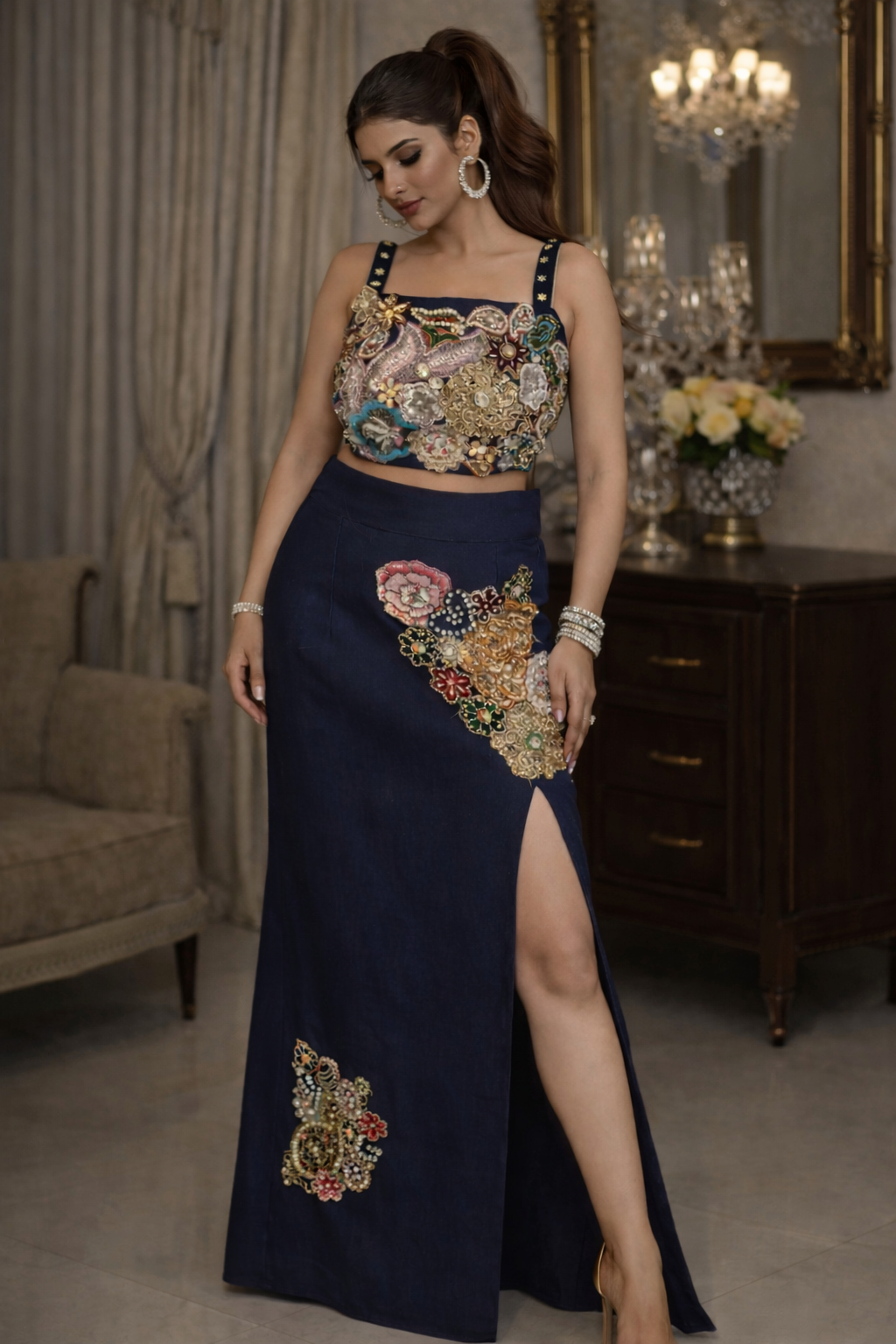 Denim Embellished Bustier & Slit Skirt Set