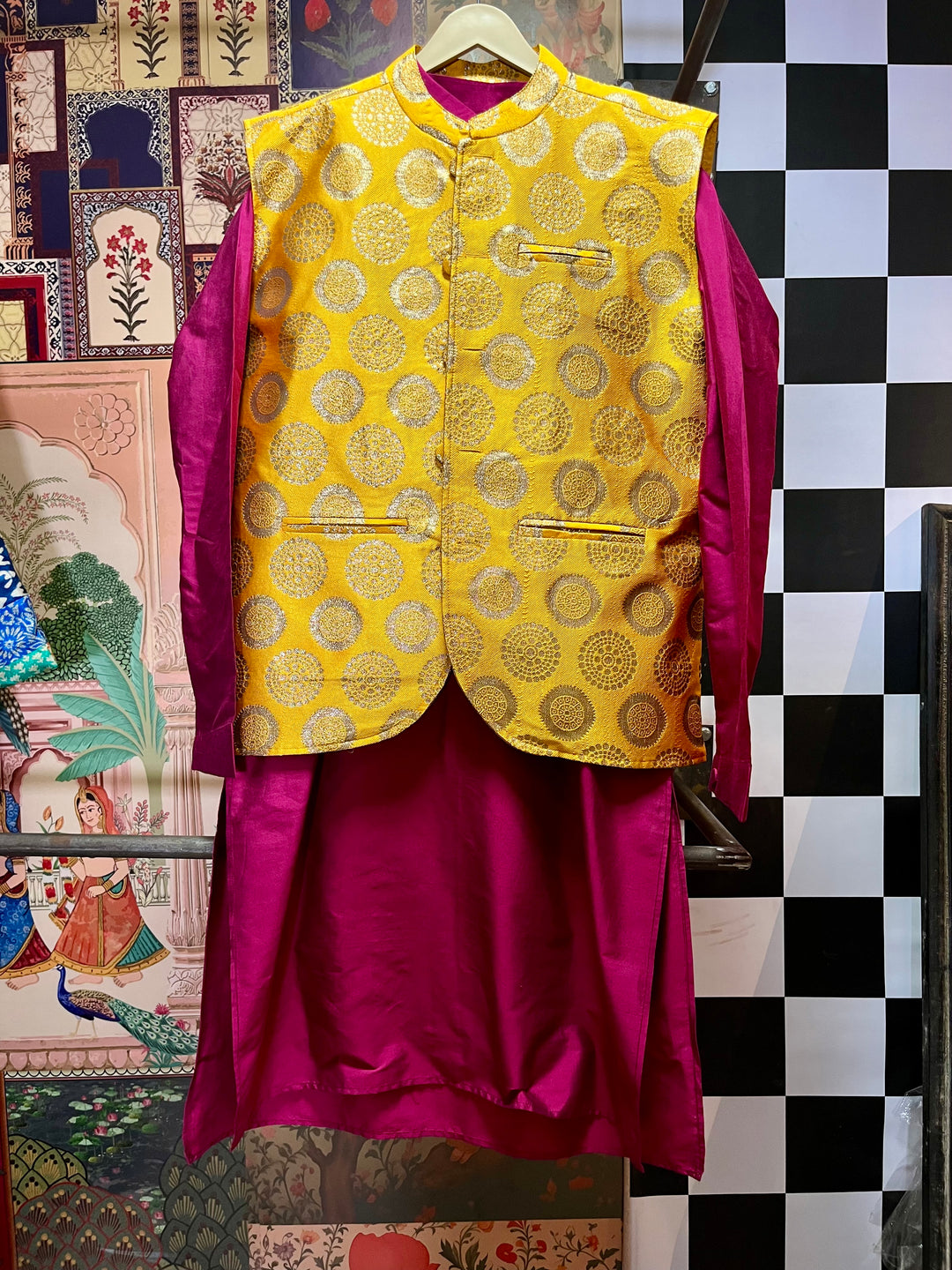 Brocade Nehru Jacket with Pink Kurta Set for Men