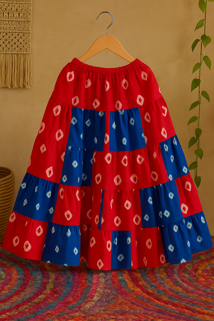 Kids Bandeau & Skirt Set – Multicolor & Bandhani Red-Blue