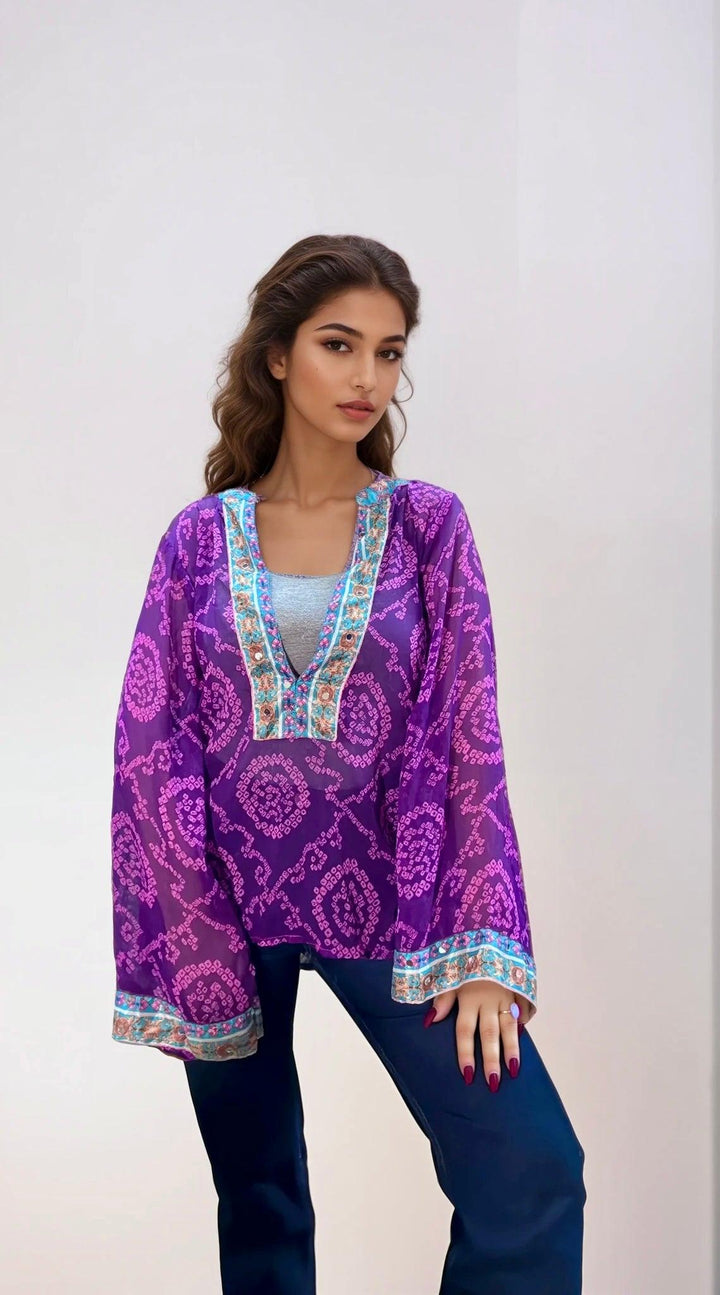 Sheer printed kurti with embellished neck purple - banjaratrail