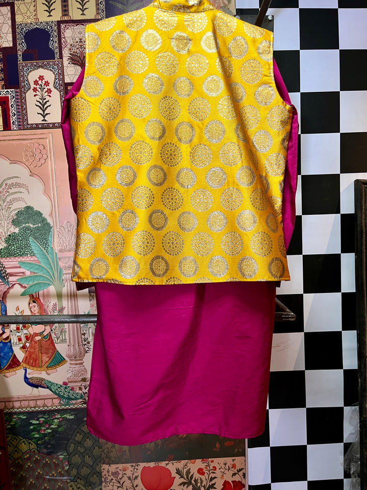 Brocade Nehru Jacket with Pink Kurta Set for Men
