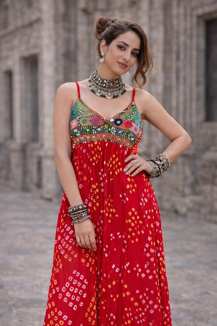 Bandhini Maxi Dress -Red