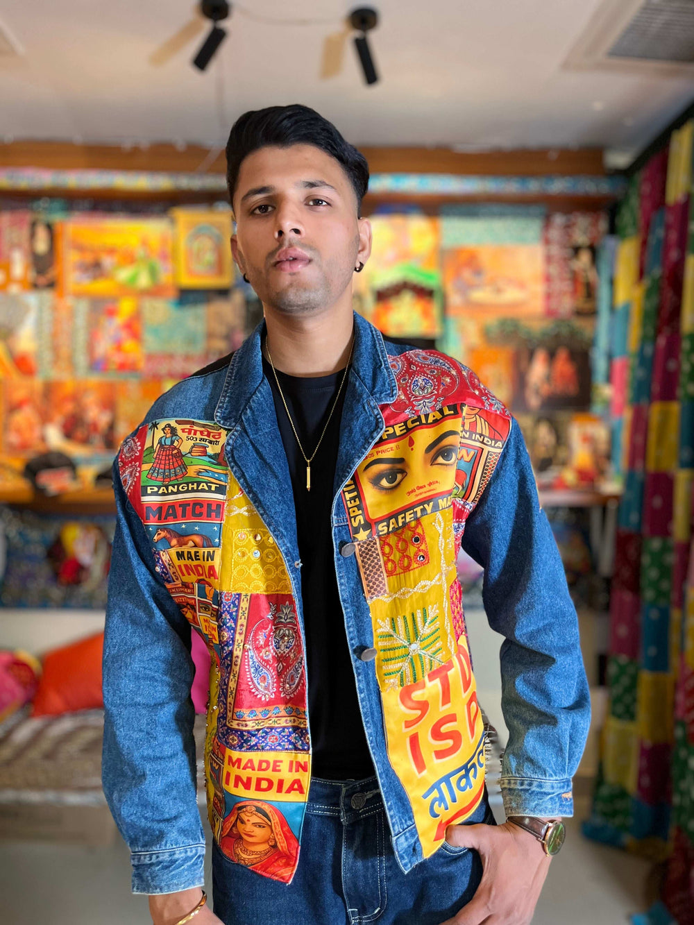 Denim Jacket with Vintage Matchbox Patchwork