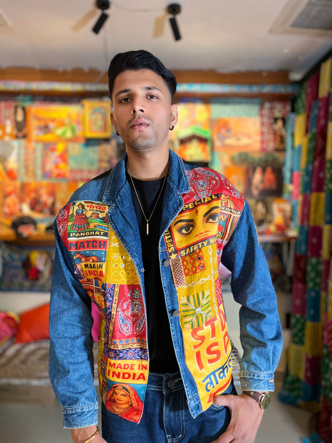 Denim Jacket with Vintage Matchbox Patchwork