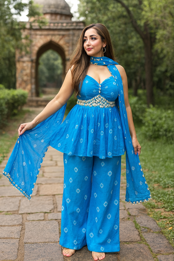 Aqua Shell Embellished Bandhani Co-ord Set