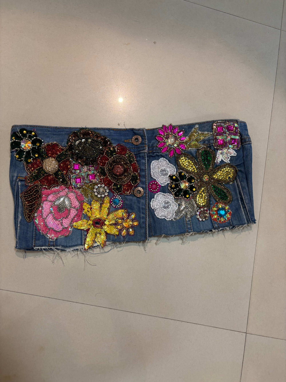 Hand-Embroidered Denim Bustier – Jewel & Floral Patchwork