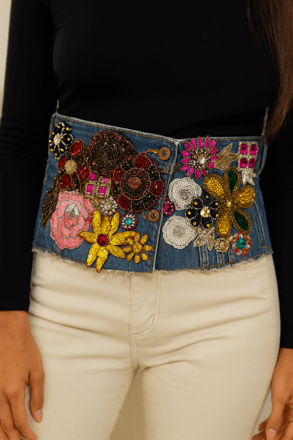 Hand-Embroidered Denim Bustier – Jewel & Floral Patchwork
