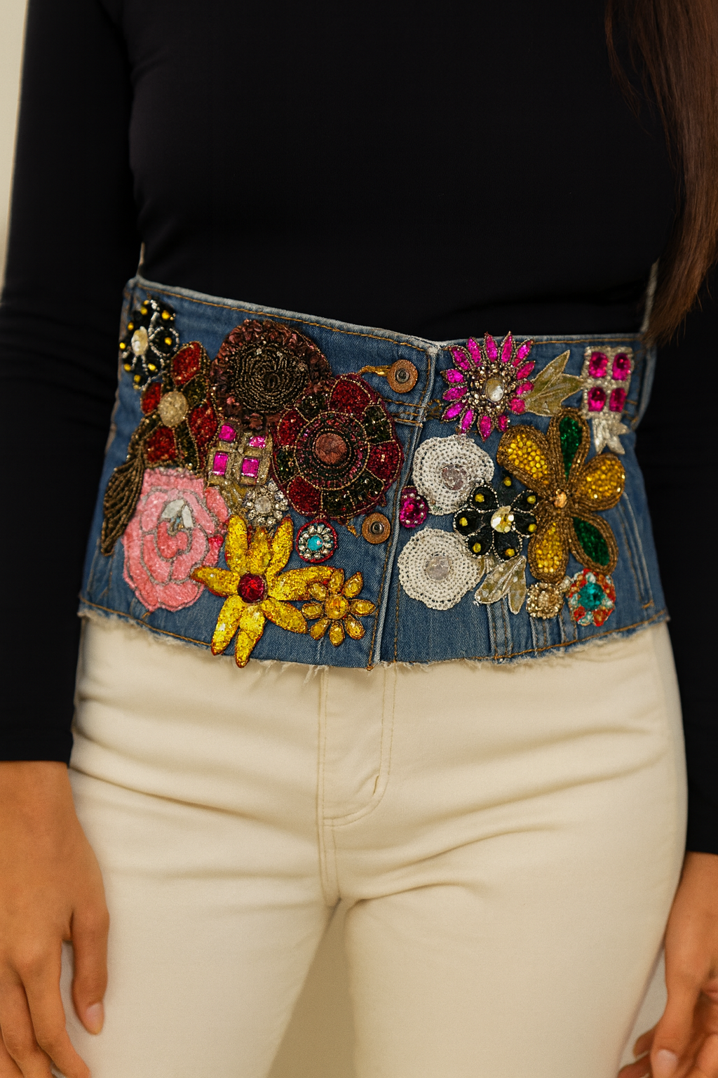 Hand-Embroidered Denim Bustier – Jewel & Floral Patchwork