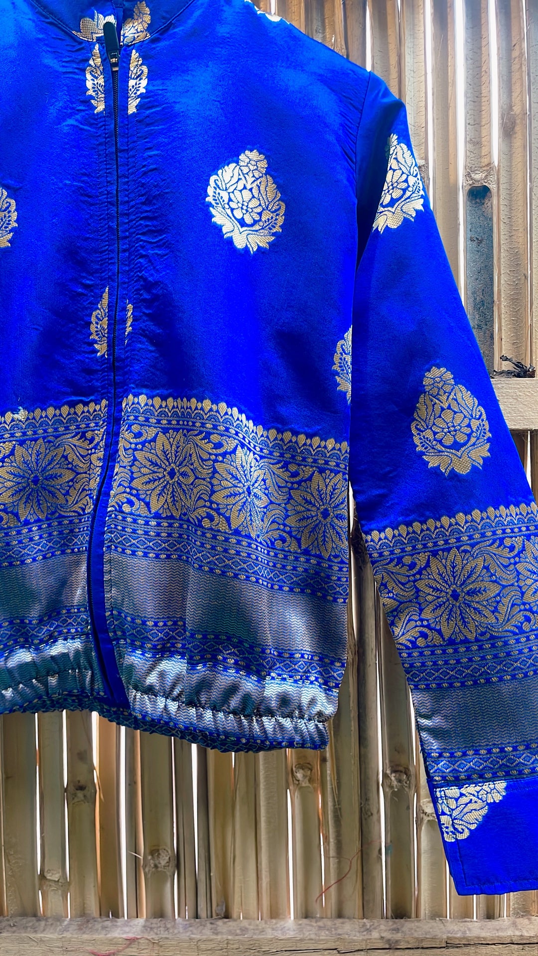 Blue silk bomber jacket
