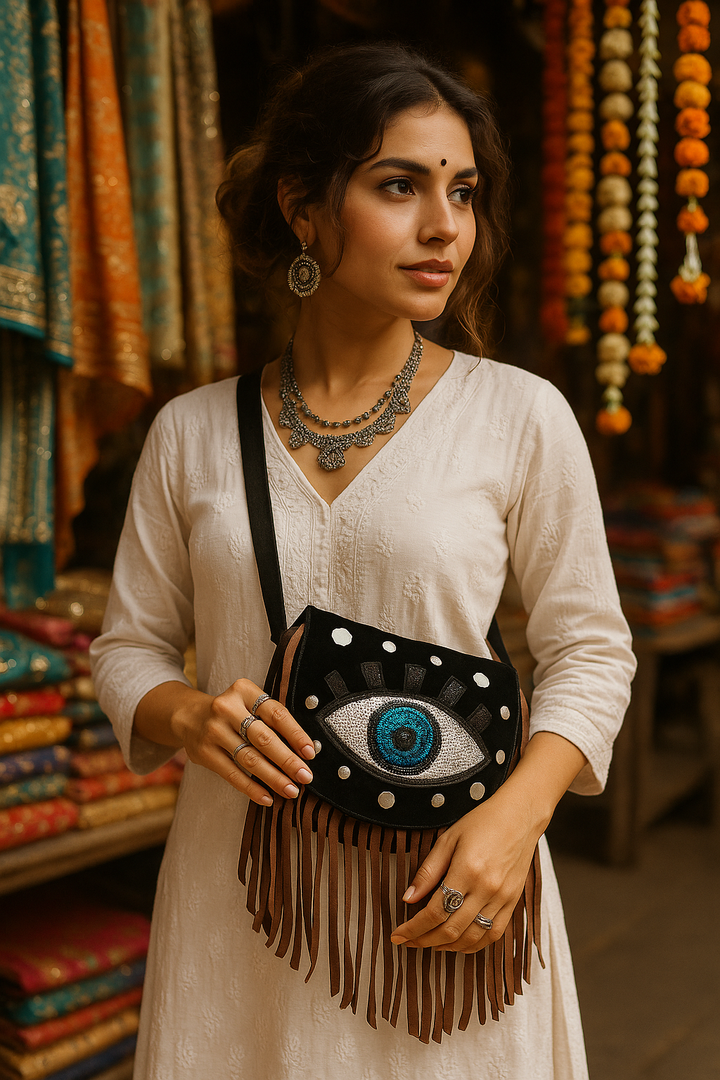 Velvet suede evil eye bag - banjaratrail