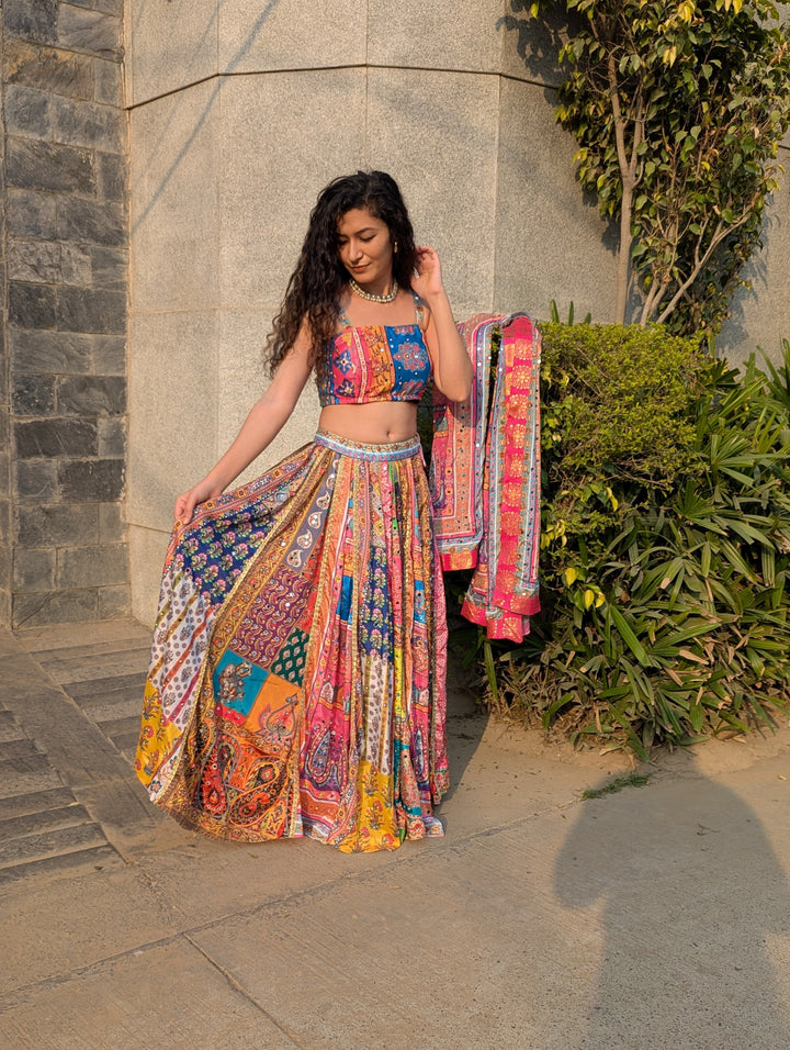 Multi patchwork mirror lehenga