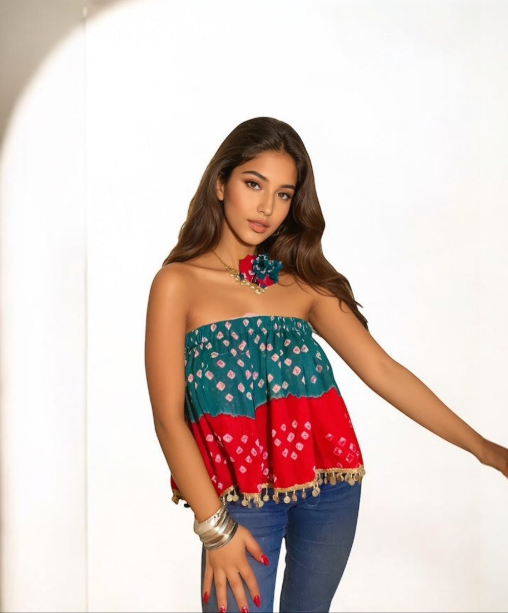 Bijli Bandhini Tube Top With Choker