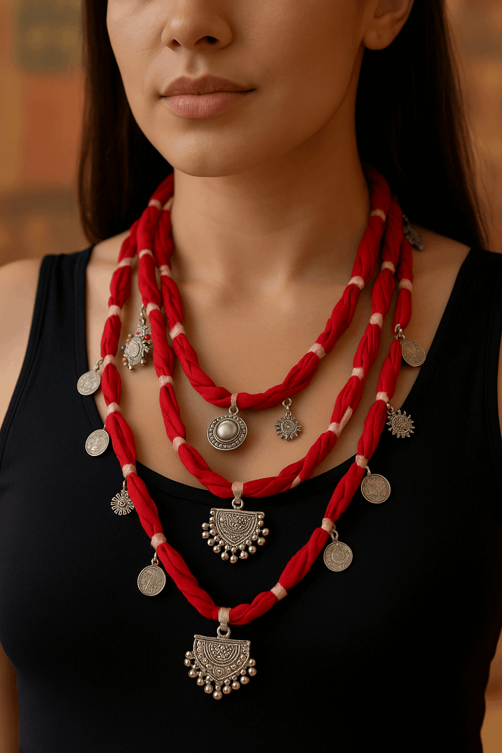 Tribal Tinkle Red Fabric Necklace
