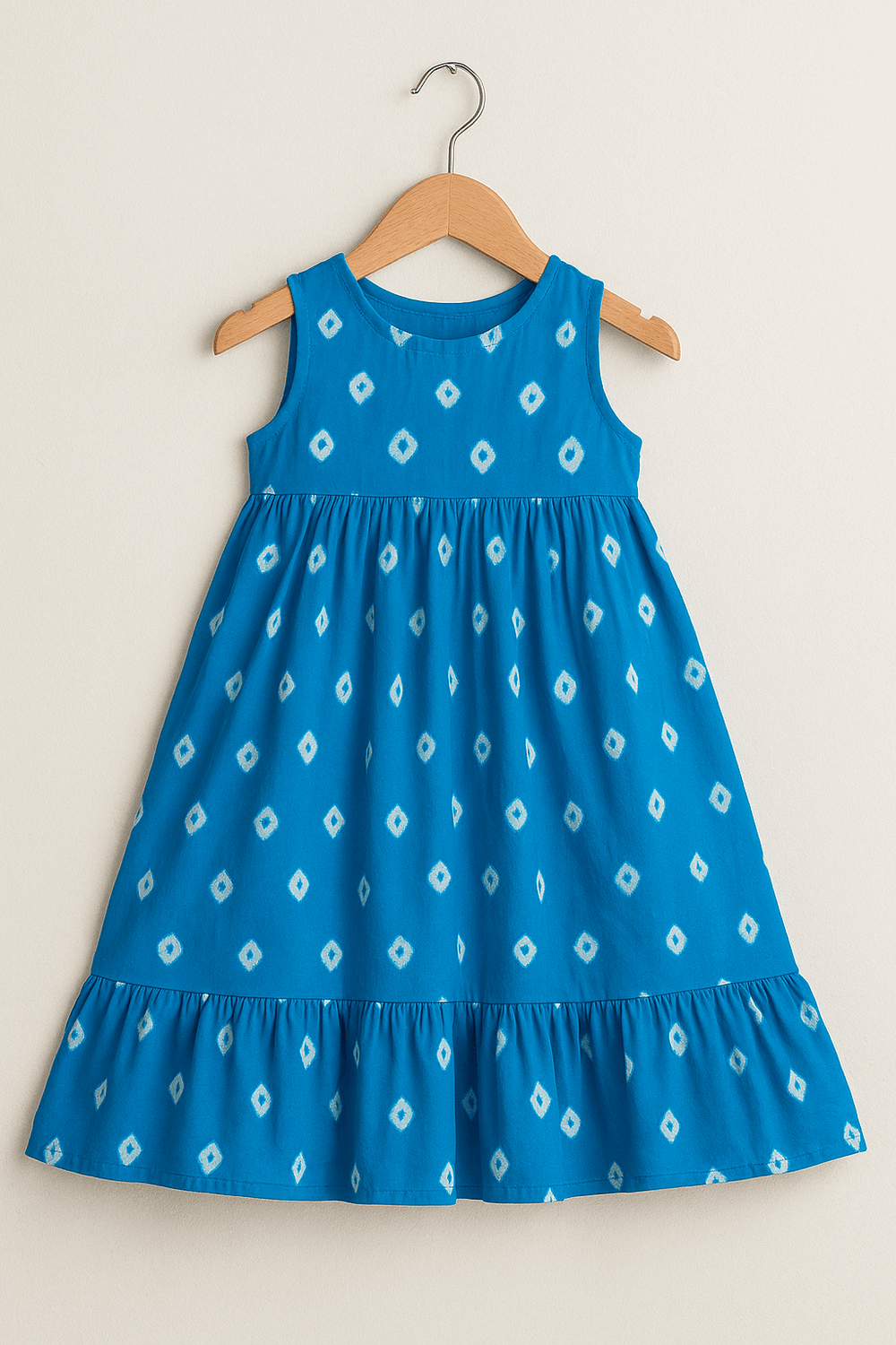 Blue Bandhani Sleeveless Flared Dress – Girls