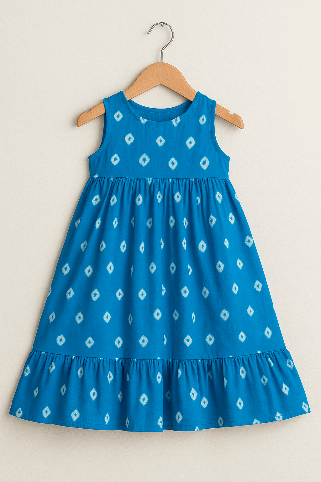 Blue Bandhani Sleeveless Flared Dress – Girls