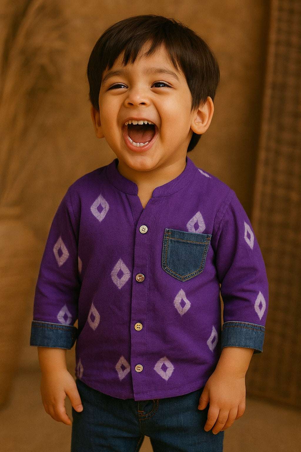 Purple Bandhani Print Shirt with Denim Pocket – Boys
