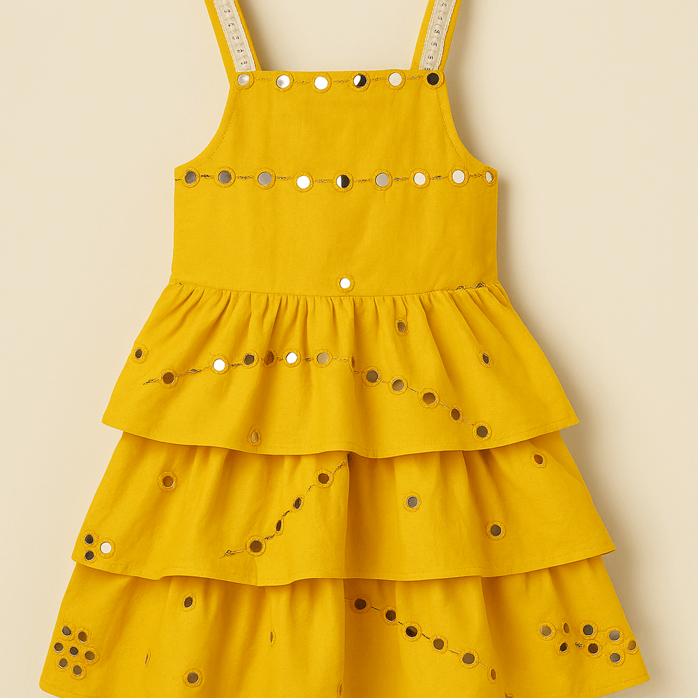 Yellow Mirrorwork Tiered Dress – Girls