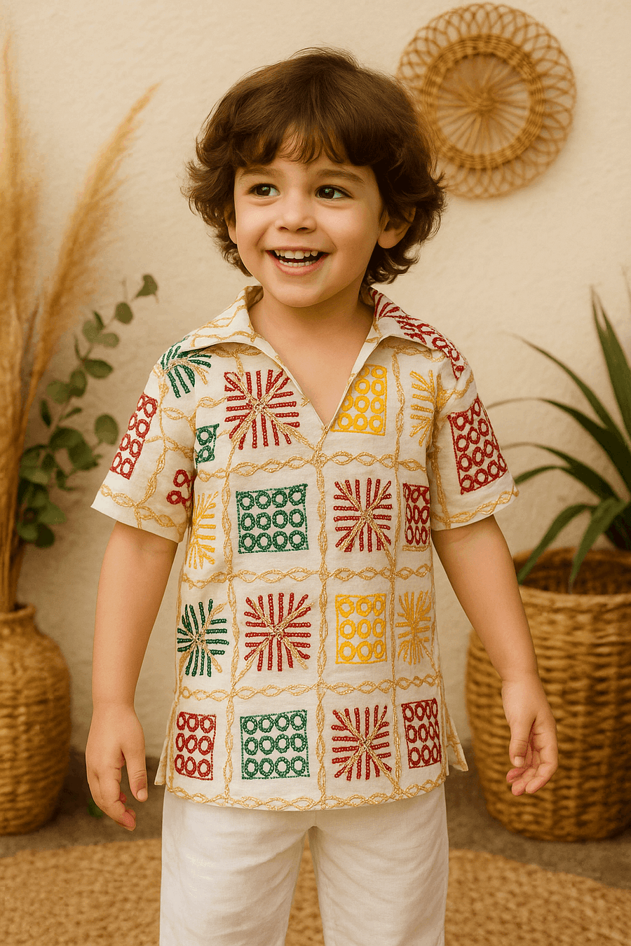 Cream Multicolor Embroidered Grid Shirt – Boys