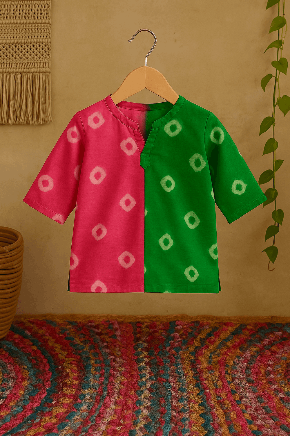 Pink & Green Dual-Tone Bandhani Kurta – Boys