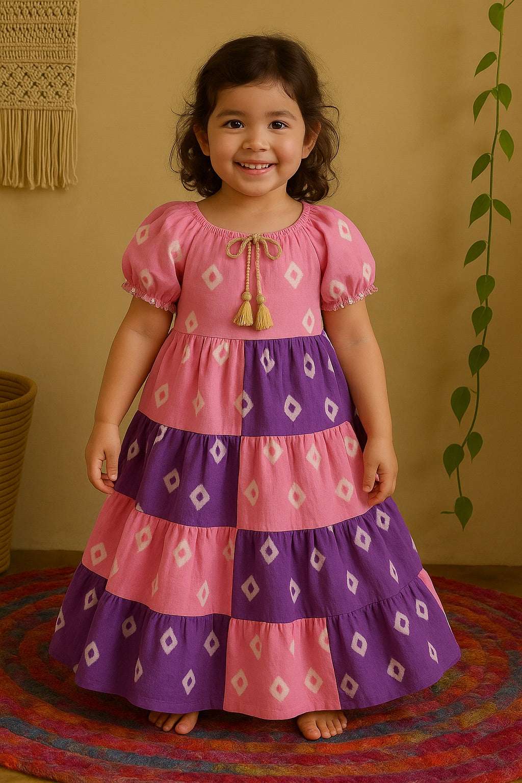Boho Bandhani Tiered Maxi Dress – Pink & Purple (Kids)