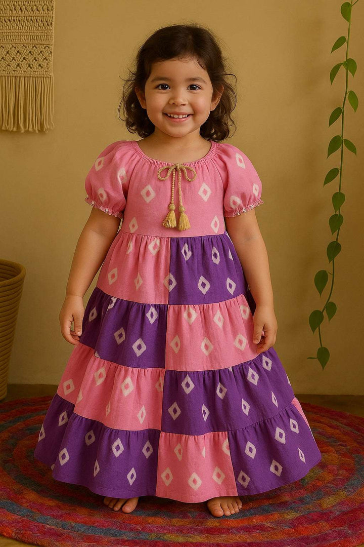 Boho Bandhani Tiered Maxi Dress – Pink & Purple (Kids)