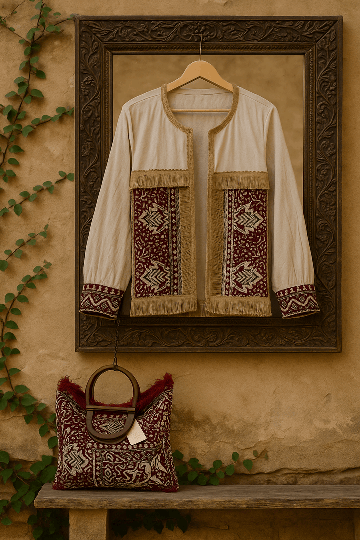 Boho Handcrafted Jacket & Tote Bag Set – Ivory & Maroon Tribal Embroidery