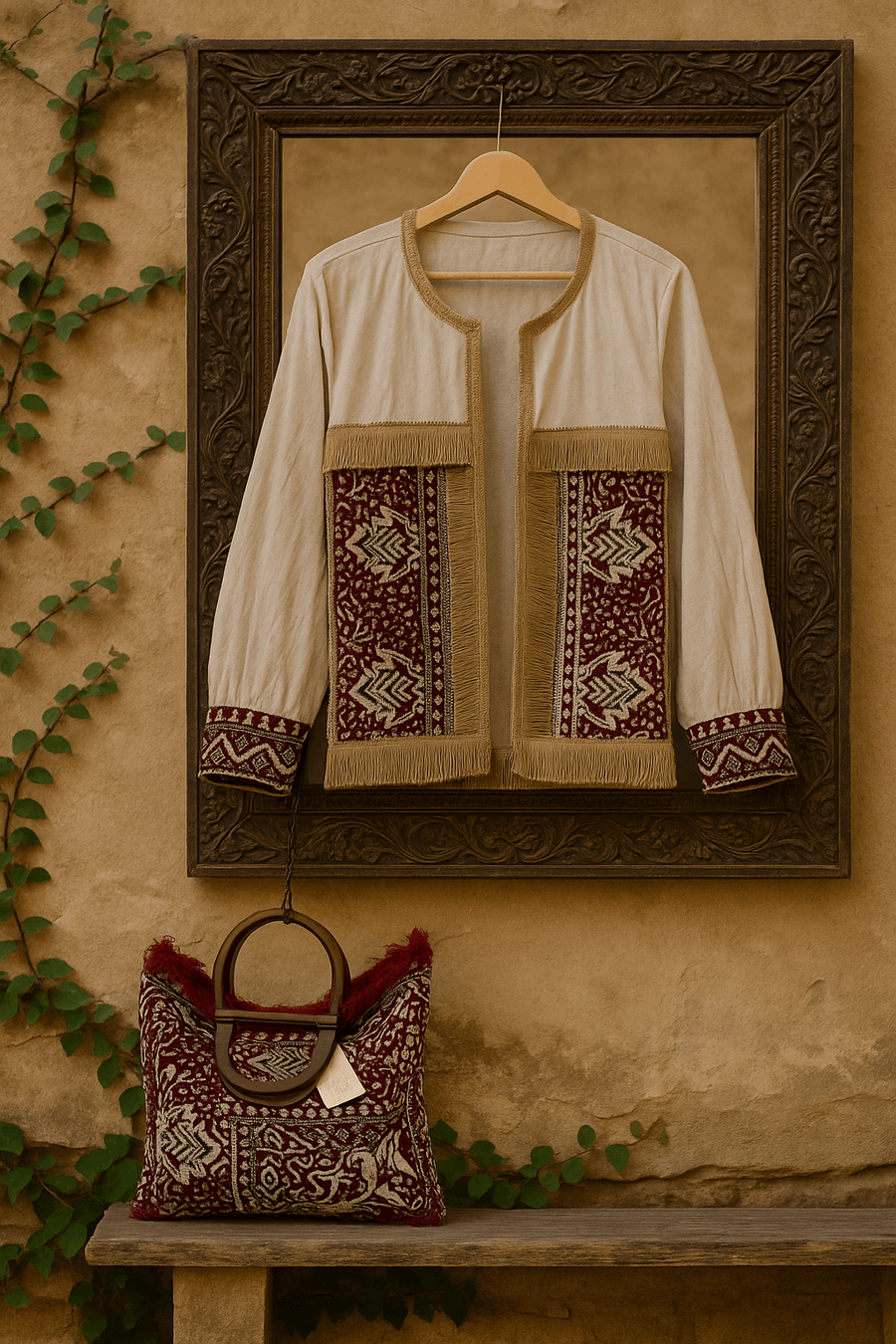 Boho Handcrafted Jacket & Tote Bag Set – Ivory & Maroon Tribal Embroidery