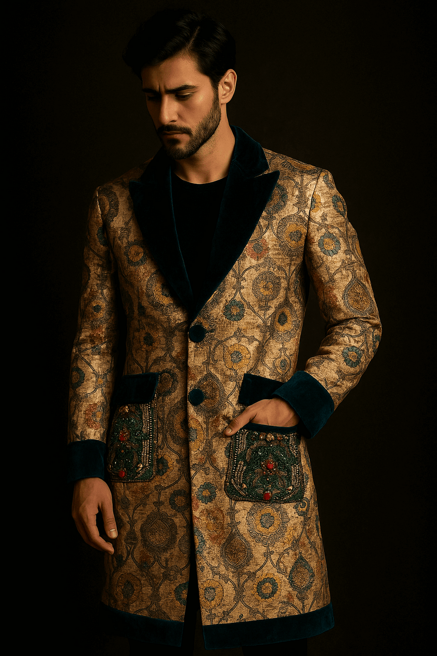 Silk Coat with Teal Velvet & Embellished Pockets