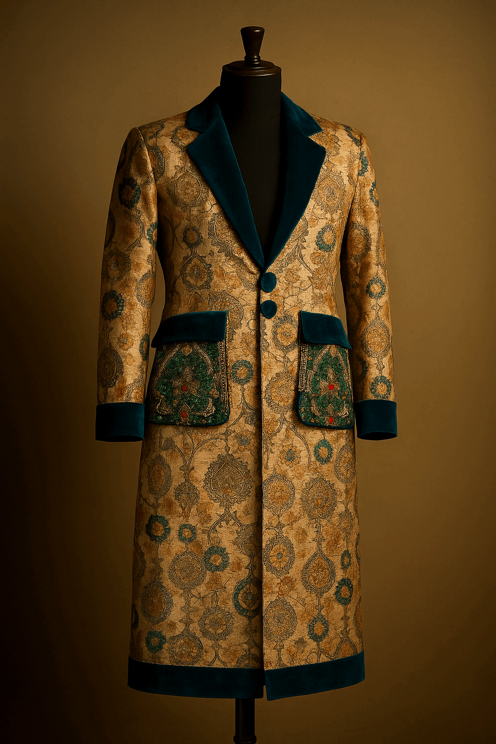 Silk Coat with Teal Velvet & Embellished Pockets