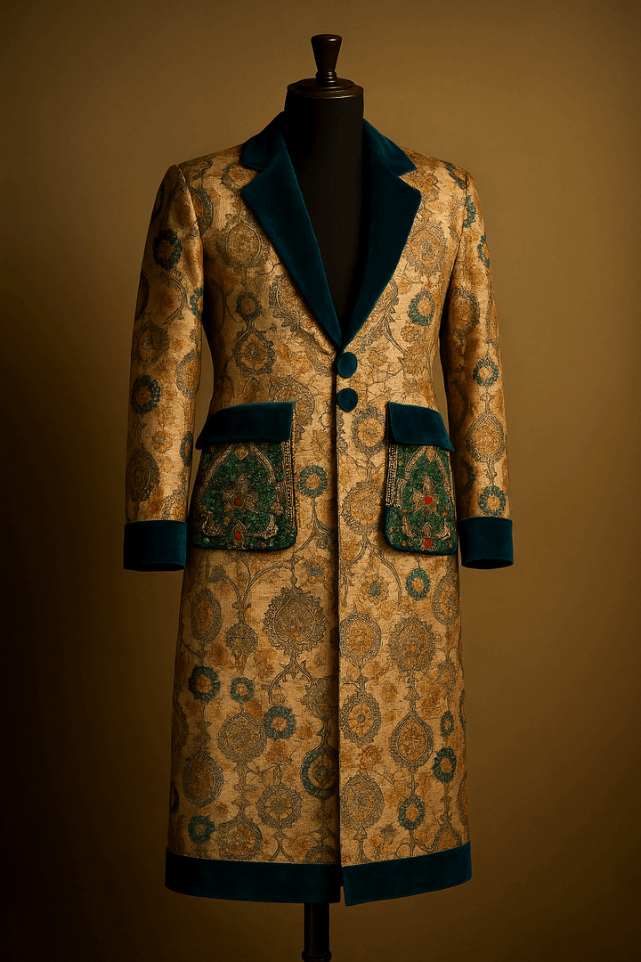 Silk Coat with Teal Velvet & Embellished Pockets