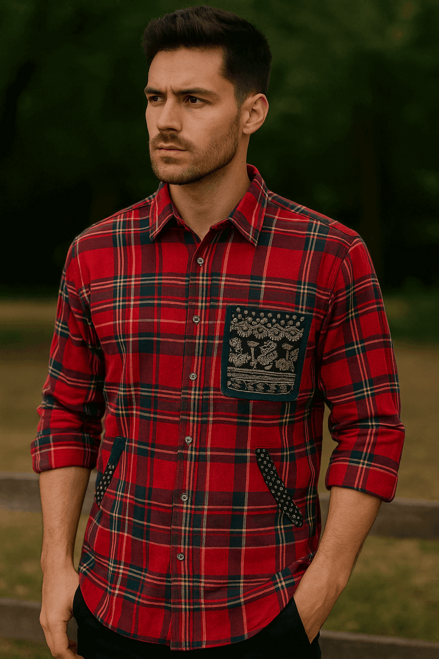 Red Check Shirt with Embroidered Patch Pocket