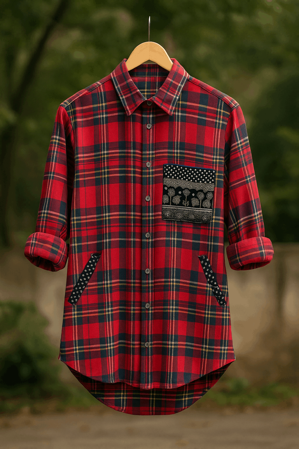 Red Check Shirt with Embroidered Patch Pocket