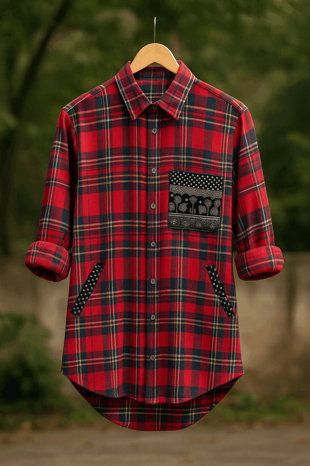 Red Check Shirt with Embroidered Patch Pocket