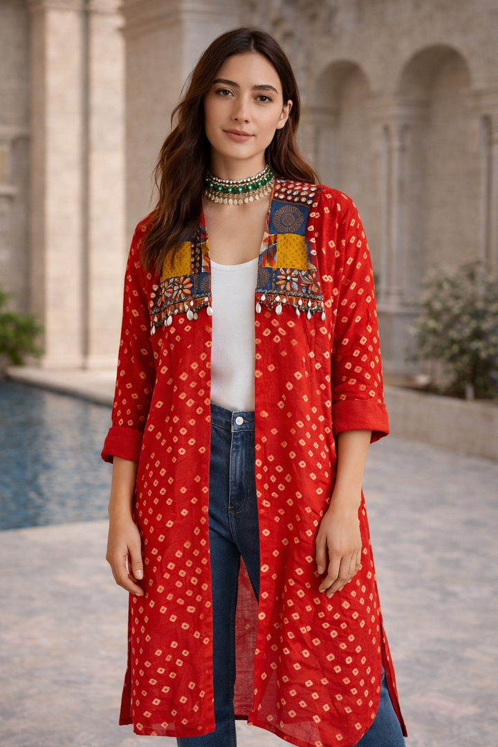 Red Bandhani Embellished Shrug