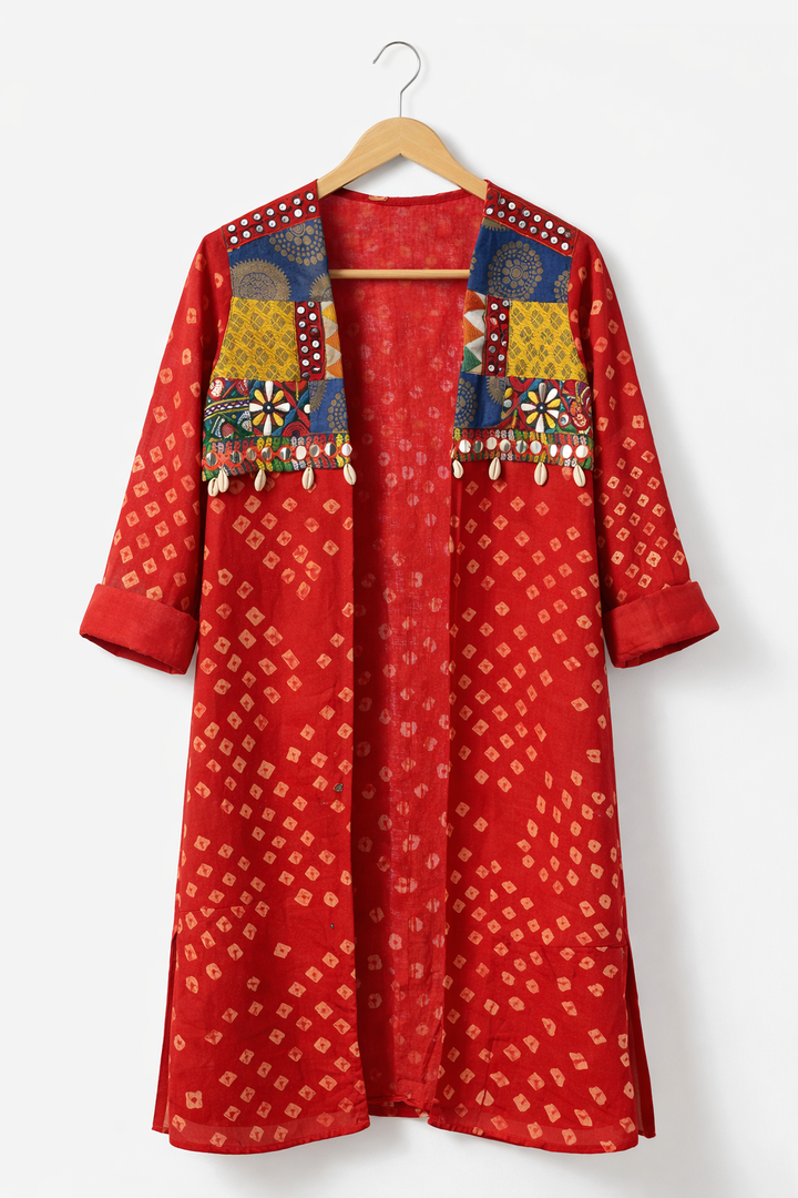 Red Bandhani Embellished Shrug