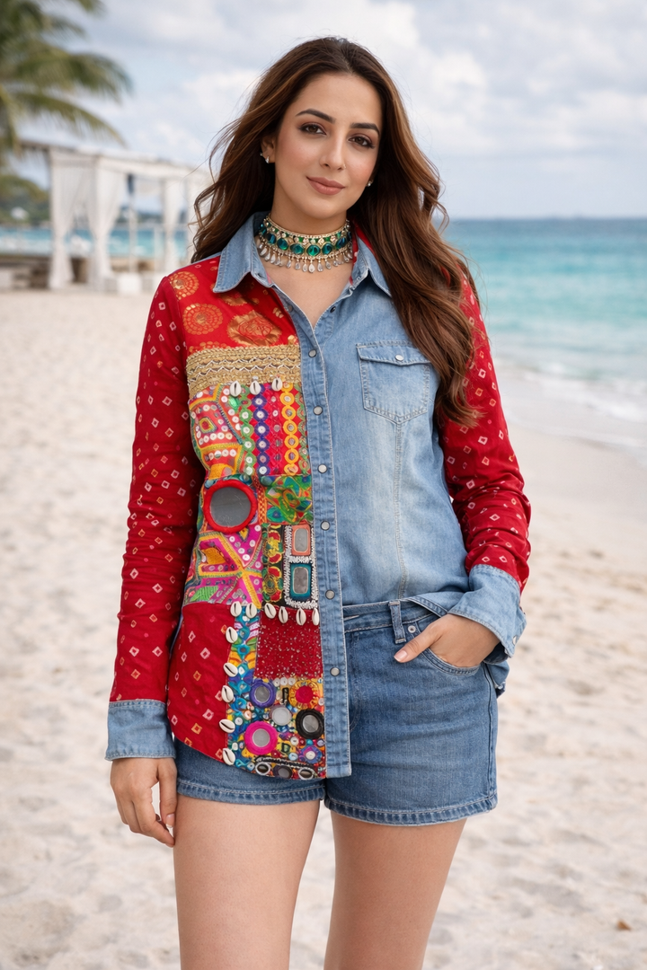 Red Banjara Half &Half Shirt