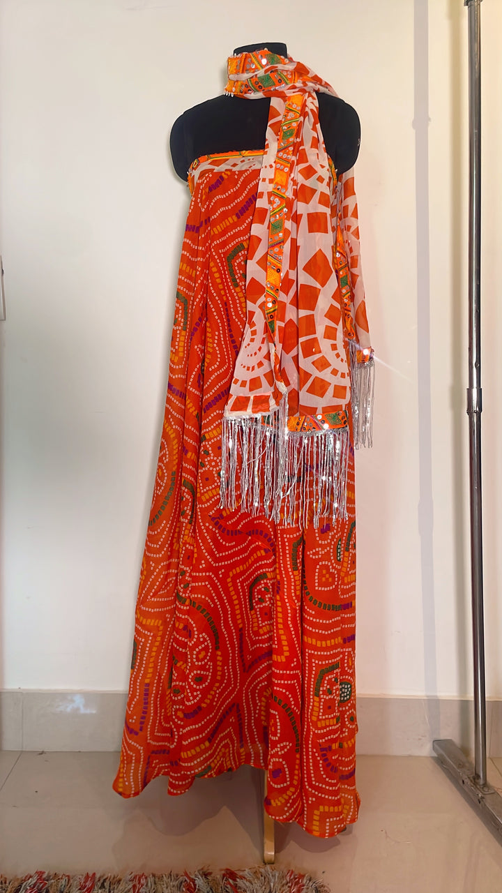 Orange Bandhini maxi With scarf