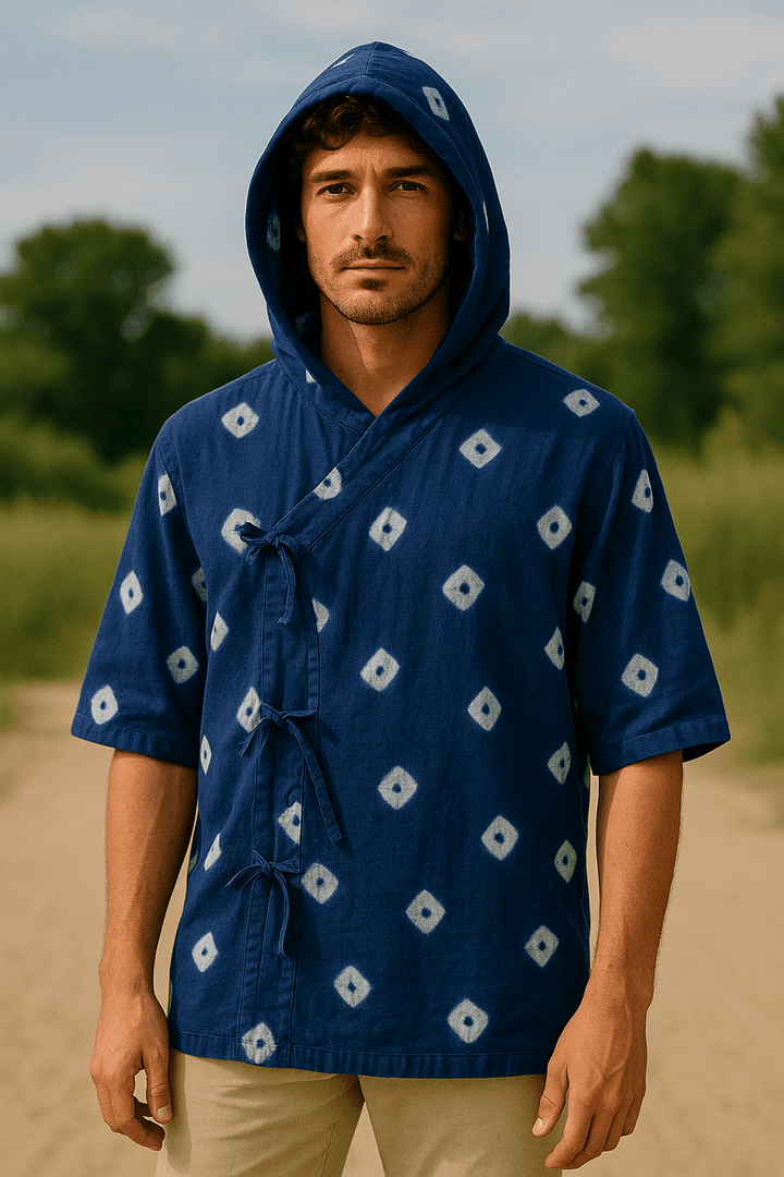 Indigo Bandhani Hooded Kimono Shirt Men