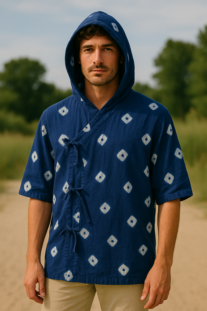 Indigo Bandhani Hooded Kimono Shirt Men
