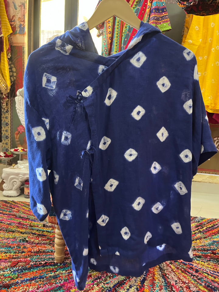 Indigo Bandhani Hooded Kimono Shirt Men