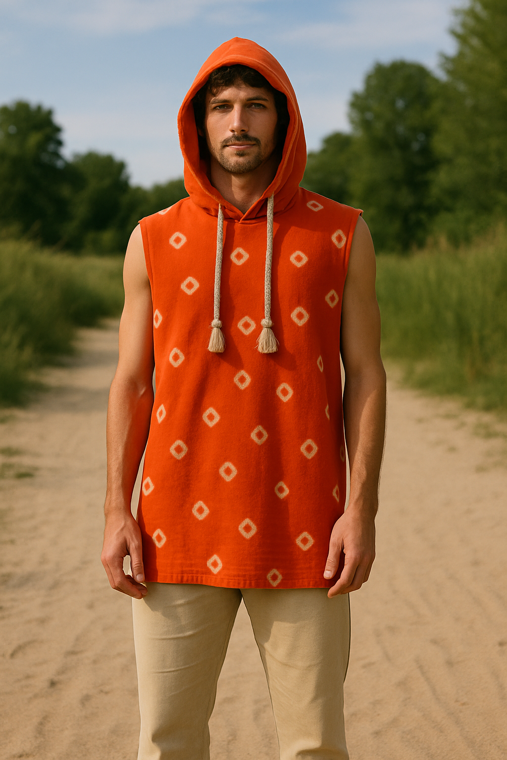 Men Orange Bandhani Sleeveless  shirt with hood
