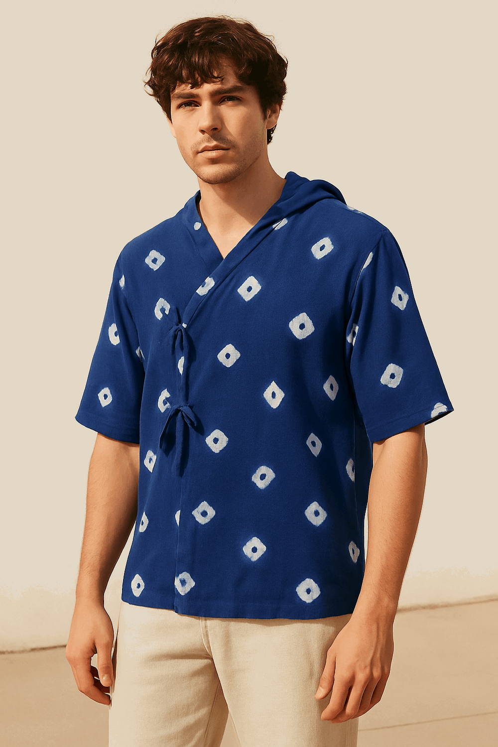 Indigo Bandhani Hooded Kimono Shirt Men