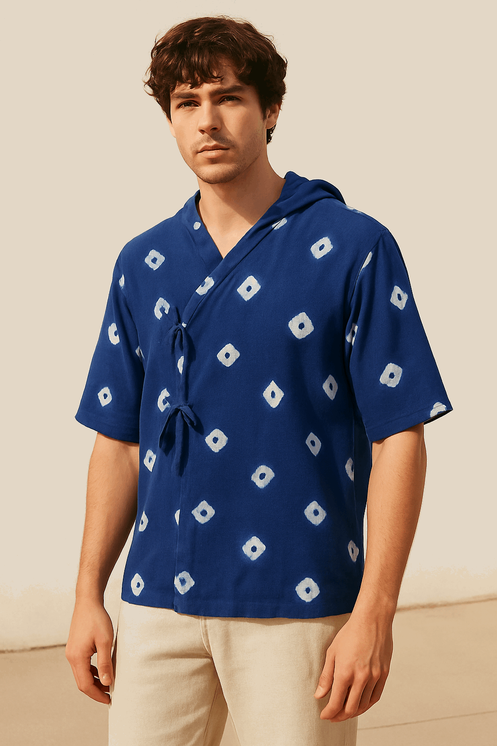 Indigo Bandhani Hooded Kimono Shirt Men