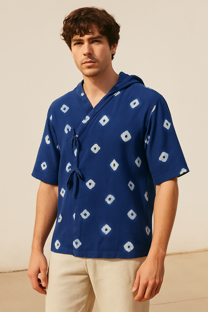 Indigo Bandhani Hooded Kimono Shirt Men