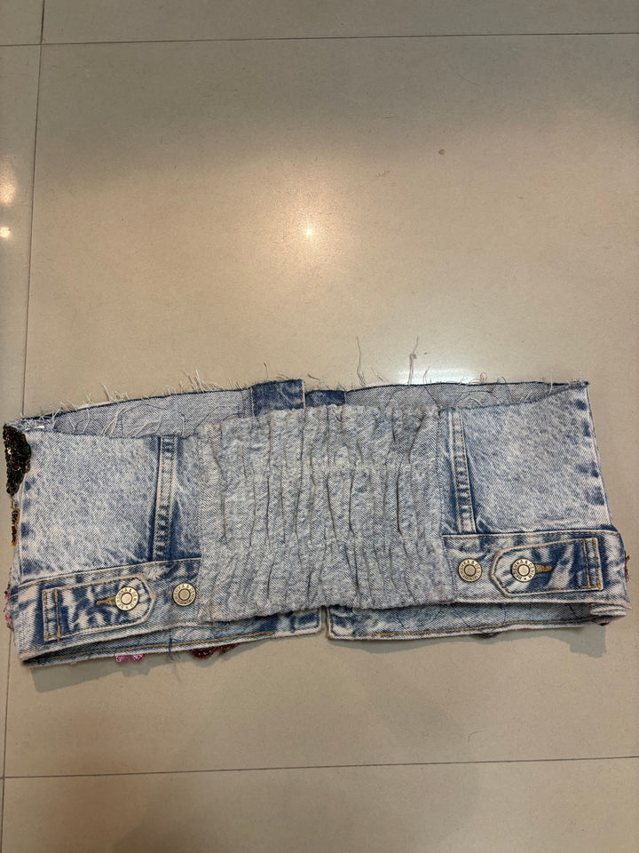 Hand-Embroidered Light Wash Denim Bustier – Jewel & Floral Statement