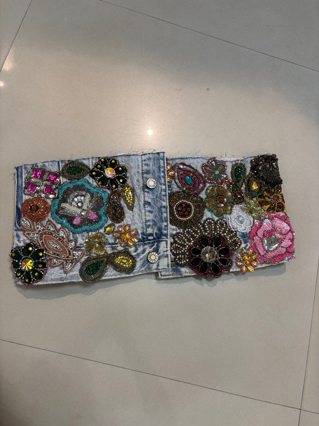 Hand-Embroidered Light Wash Denim Bustier – Jewel & Floral Statement