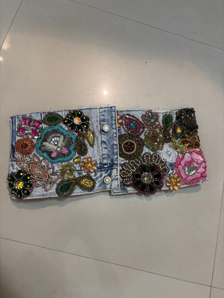 Hand-Embroidered Light Wash Denim Bustier – Jewel & Floral Statement