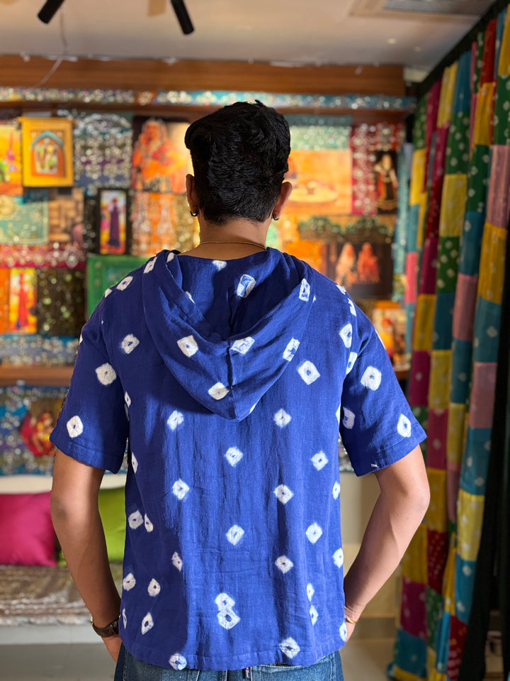 Indigo Bandhani Hooded Kimono Shirt Men