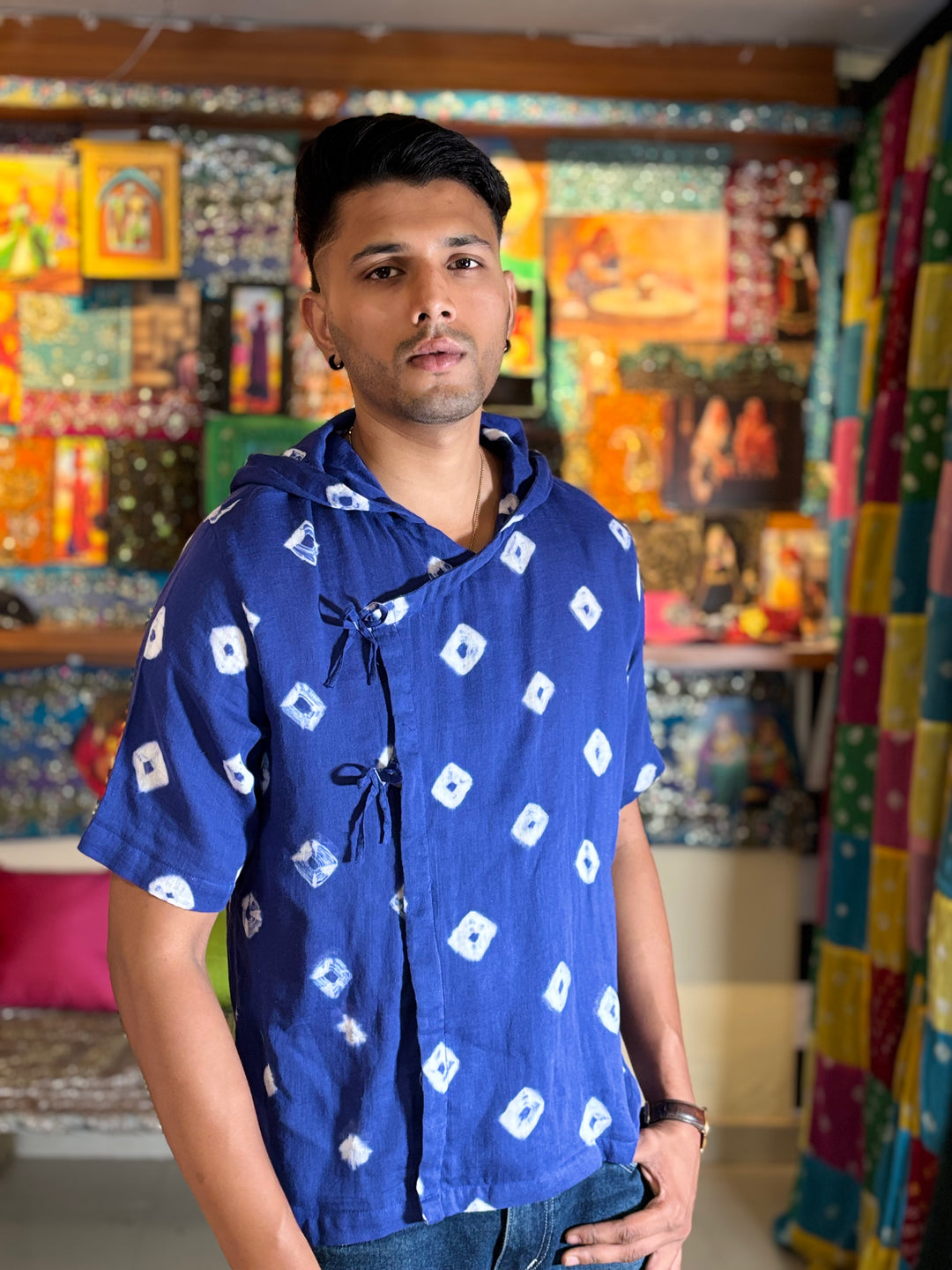 Indigo Bandhani Hooded Kimono Shirt Men