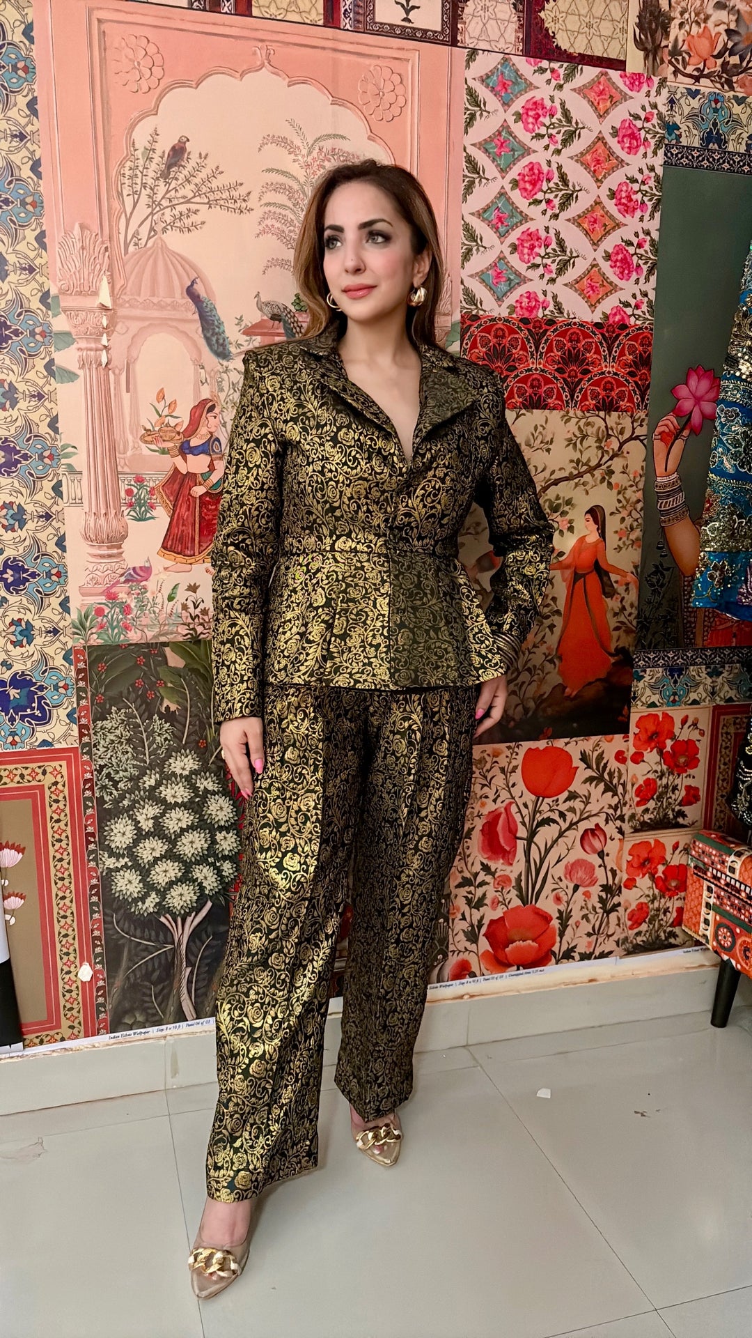 Regal Black & Gold Brocade Pant Suit